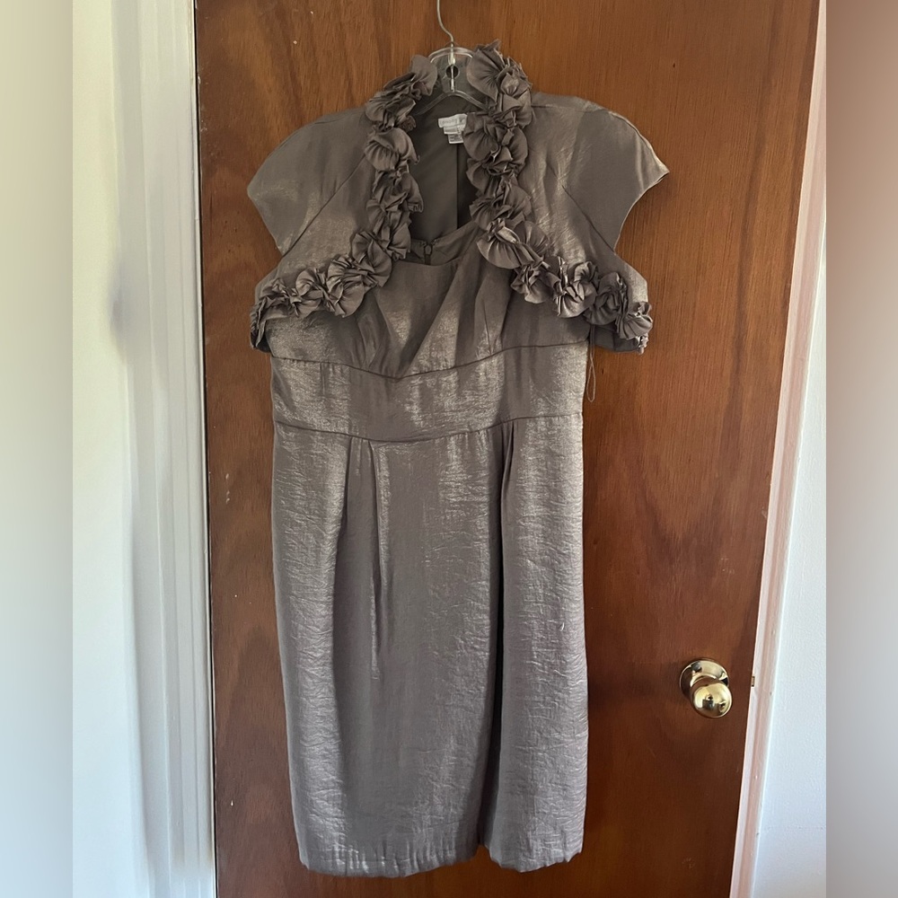 London Times Gray/Brown/Silver/Bronze Ruffled Sheath Dress with Cowl Neck